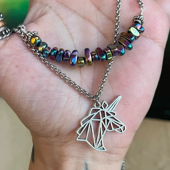 Double layer unicorn rainbow stones stainless steel adjustable choker necklace - Picture 6 of 12